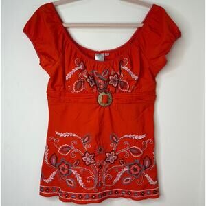 Md Y2K VTG HeartSoul Orange Babydoll Peasant Top Embroidered Flowers Boho Fairy